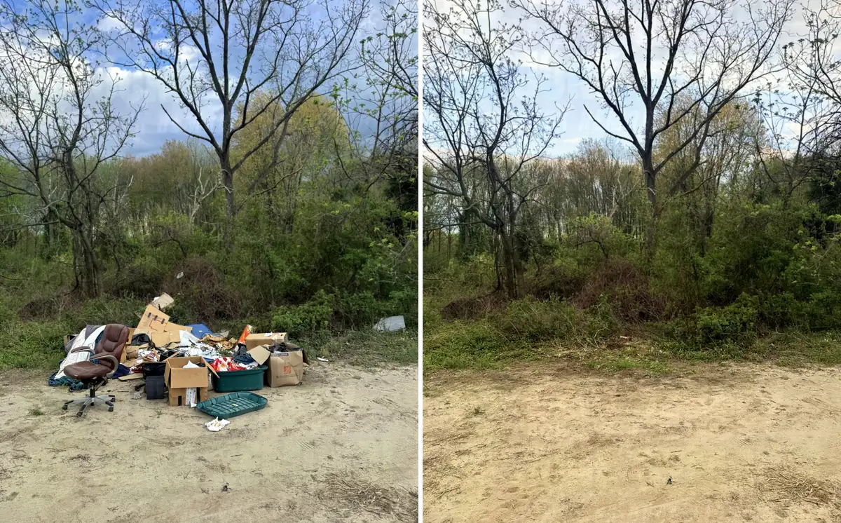 Before and after: a pile of dumped furniture, boxes and debris on a sandy lot, then the same lot completely cleared