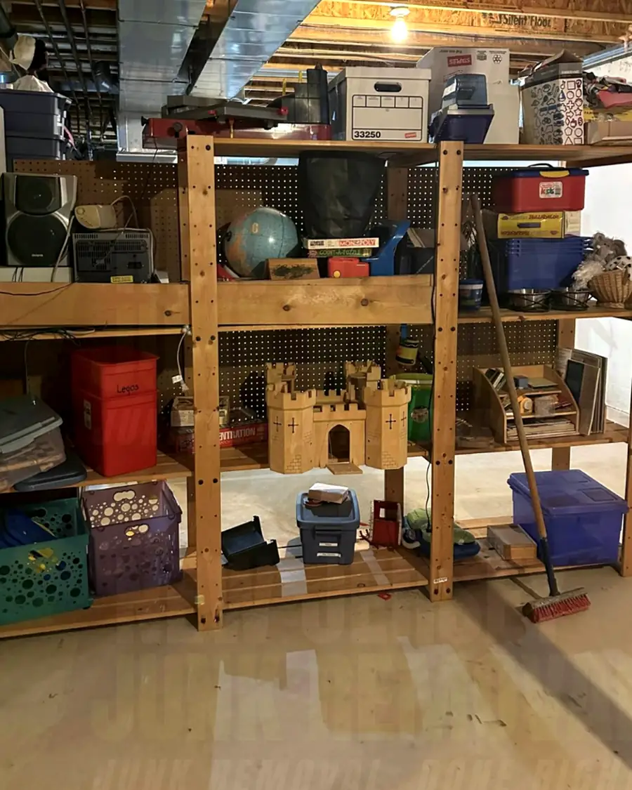 Before: basement shelves full of bins, boxes and toys
