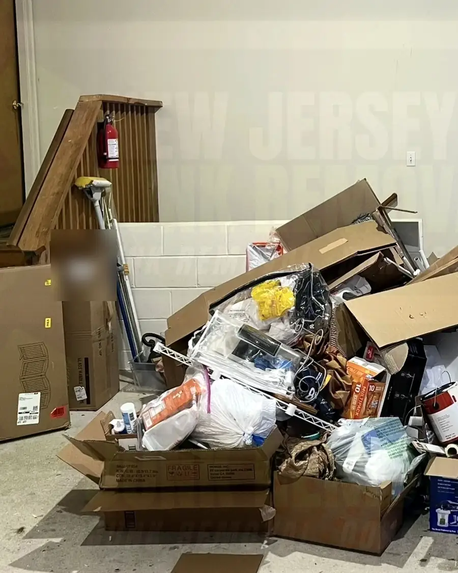 Before: a garage corner piled with boxes, packaging and household items