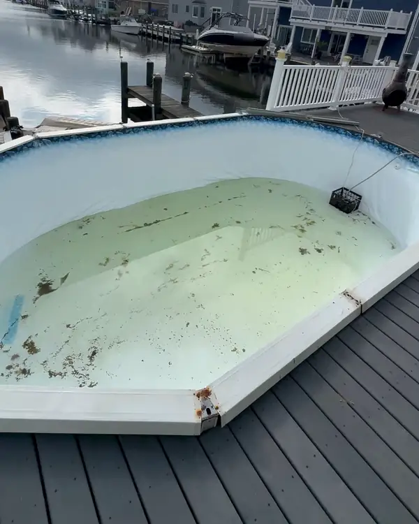 Before: an old above-ground pool with murky water, set into a gray deck beside a lagoon