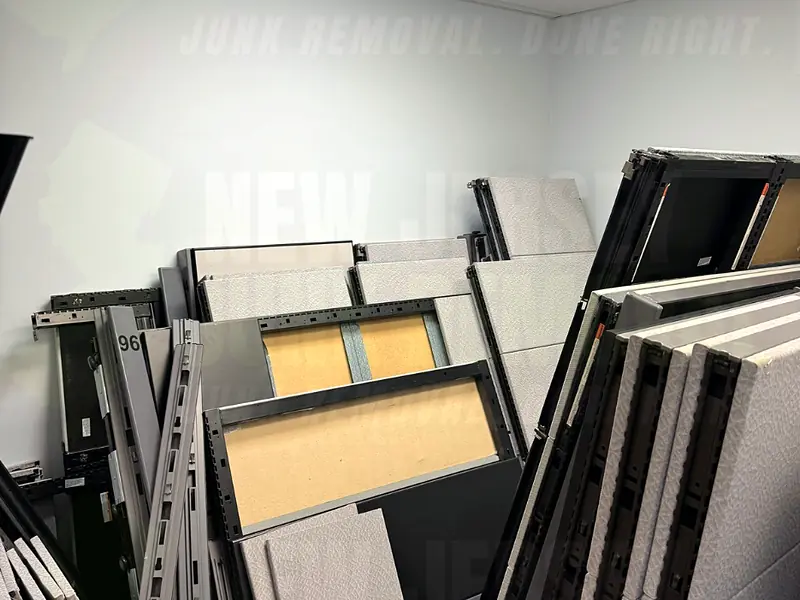 Old cubicle panels stacked in an office