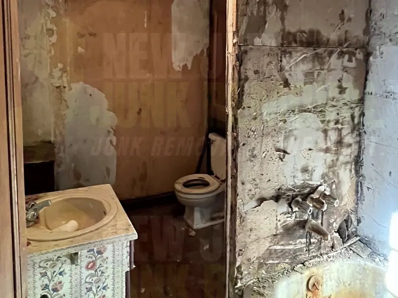 An older bathroom with the tub surround torn out down to the wall behind it