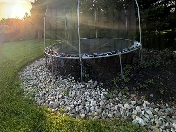 An old trampoline in a backyard before removal